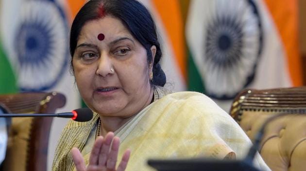 External affairs minister Sushma Swaraj speaks during the ministry's Annual Press Conference on completion of four years of the NDA government, in New Delhi on Monday. (PTI Photo) External affairs minister Sushma Swaraj speaks during the ministry's Annual Press Conference on completion of four years of the NDA government, in New Delhi on Monday. (PTI Photo)