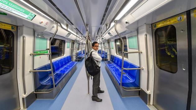 An inside view of a metro train at Nehru Enclave Metro Station during the inauguration of the 24.82 km long Kalkaji Mandir-Janakpuri West stretch of the Delhi Metro's Magenta Line, in New Delhi on Monday.(PTI Photo)