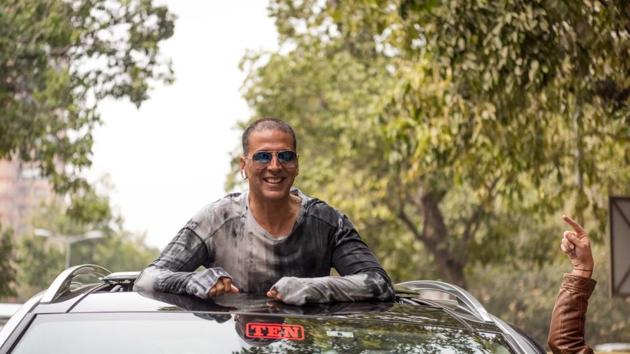 Akshay Kumar during a promotional drive for Pad Man.