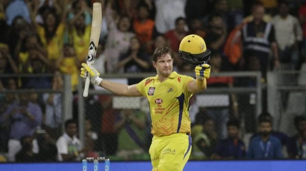 Chennai Super Kings’ Shane Watson celebrates after scoring his century against Sunrisers Hyderabad during the IPL 2018 final in Mumbai, India, on May 27, 2018.(AP)