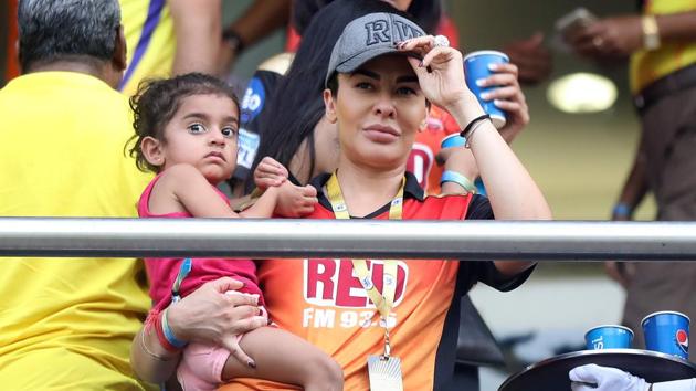 Ayesha Mukherjee, wife of Shikhar Dhawan, pictured with her child during the game. (BCCI) Ayesha Mukherjee, wife of Shikhar Dhawan, pictured with her child during the game. (BCCI)