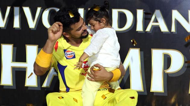 Suresh Raina pictured with daughter Gracia during the trophy celebrations. (BCCI) Suresh Raina pictured with daughter Gracia during the trophy celebrations. (BCCI)