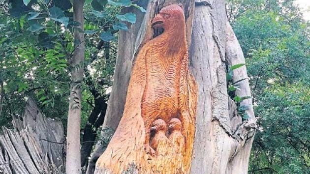 A carved bird, along with her babies, is one of the renderings on a dead tree of Delhi’s Lodhi Garden.(HT photo) A carved bird, along with her babies, is one of the renderings on a dead tree of Delhi’s Lodhi Garden.(HT photo)
