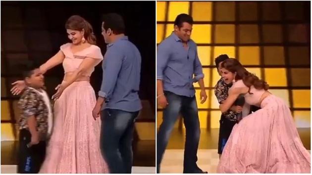 Jacqueline Fernandez with Salman Khan and a young participant on Dance Deewane.(Instagram)