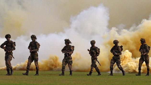 Cadets display bayonet charge during PT & Equitation display during the convocation ceremony of 134th course of National Defence Academy (NDA) in Pune. (Pratham Gokhale/HT Photo)