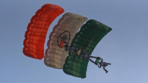 Para jumping by Akashanga team displays para jumping during PT & Equitation display during the convocation ceremony of 134th course of National Defence Academy (NDA) in Pune. (Pratham Gokhale/HT Photo)
