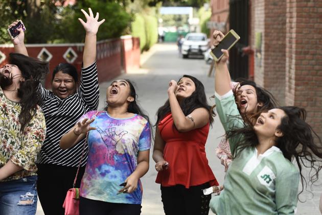 Students of St. Thomas’ Girls Senior Secondary School celebrate after the Central Board of Secondary Education (CBSE) announced results of the Class 10 board examinations, in New Delhi. A total of 16,38,420 candidates registered for the Class 10 exam conducted at 4,453 centres across India and 78 centres abroad. (Burhaan Kinu / HT Photo) Students of St. Thomas’ Girls Senior Secondary School celebrate after the Central Board of Secondary Education (CBSE) announced results of the Class 10 board examinations, in New Delhi. A total of 16,38,420 candidates registered for the Class 10 exam conducted at 4,453 centres across India and 78 centres abroad. (Burhaan Kinu / HT Photo)