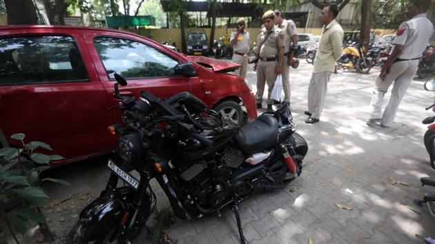 A motorcyclist riding his Harley Davidson is missing since he was hit by a car on the Delhi-Noida-Direct Flyway and believed to have fallen into the Yamuna river. (HT PHOTO) A motorcyclist riding his Harley Davidson is missing since he was hit by a car on the Delhi-Noida-Direct Flyway and believed to have fallen into the Yamuna river. (HT PHOTO)
