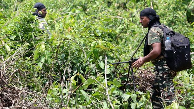 This photo taken on May 9, 2018, shows Indian military personnel patrolling in the Saranda forest area in operations against Maoists in West Singhbhum district in Jharkhand.(AFP/FILE PHOTO FOR REPRESENTATIVE PURPOSES)