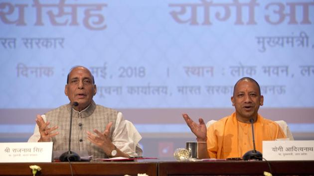 Home Minister Rajnath Singh (L) and Uttar Pradesh state Chief Minister Yogi Adityanath (R) address a joint press conference in Lucknow on Tuesday. The press conference was held to mark the completion of four years of the Bharatiya Janata Party (BJP) government in India. (Rajesh Kumar Singh / AP) Home Minister Rajnath Singh (L) and Uttar Pradesh state Chief Minister Yogi Adityanath (R) address a joint press conference in Lucknow on Tuesday. The press conference was held to mark the completion of four years of the Bharatiya Janata Party (BJP) government in India. (Rajesh Kumar Singh / AP)