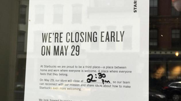 This Sunday, May 27, 2018, photo shows a sign displayed at a Starbucks cafe in Portland, Maine, reminding customers that the store will be closed Tuesday for training. (AP Photo/Scott Mayerowitz) (AP) This Sunday, May 27, 2018, photo shows a sign displayed at a Starbucks cafe in Portland, Maine, reminding customers that the store will be closed Tuesday for training. (AP Photo/Scott Mayerowitz) (AP)