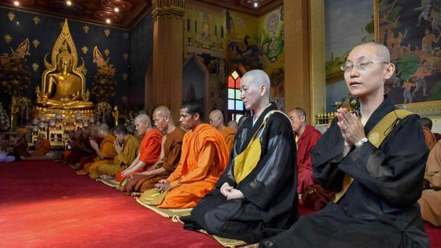 Buddhist monks from Japan offer prayers as part of Thailand’s Vesak Day celebration, marked at Bodh Gaya in Bihar. (PTI) Buddhist monks from Japan offer prayers as part of Thailand’s Vesak Day celebration, marked at Bodh Gaya in Bihar. (PTI)