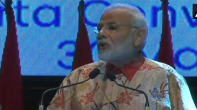 Prime Minister Narendra Modi addresses the Indian community in Jakarta, Indonesia, on Wednesday. (ANI Photo/Twitter) Prime Minister Narendra Modi addresses the Indian community in Jakarta, Indonesia, on Wednesday. (ANI Photo/Twitter)