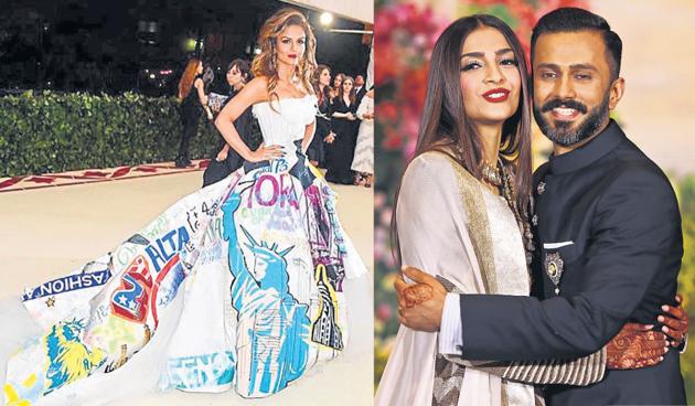 (LtoR) Natasha Poonawalla at the Met Ball; Sonam Kapoor and Anand Ahuja.