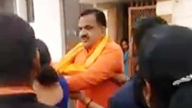 This is not the first time Rudrapur BJP MLA Raj Kumar has courted controversy. In March, a video allegedly showed him beating up Dalit women.(Video Grab/HT) This is not the first time Rudrapur BJP MLA Raj Kumar has courted controversy. In March, a video allegedly showed him beating up Dalit women.(Video Grab/HT)