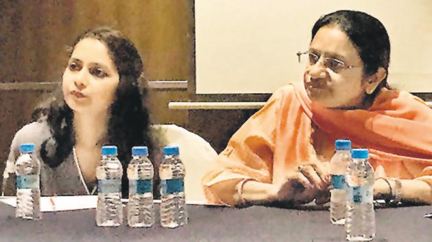 (Left to right) Shweta Ranka and Surekha Ramachandran, founder Down Syndrome Federation of India, at hotel Deccan Rendezvous on Tuesday.(HT PHOTO)