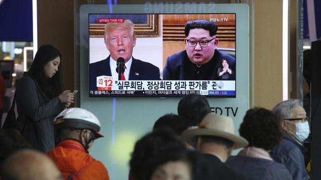 A TV screen shows images of US President Donald Trump and North Korean leader Kim Jong-un during a news program at the Seoul railway station in South Korea on Tuesday. (AP photo) A TV screen shows images of US President Donald Trump and North Korean leader Kim Jong-un during a news program at the Seoul railway station in South Korea on Tuesday. (AP photo)