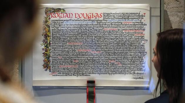 From the Westminster Retable altarpiece to Prince William and Kate Middleton’s marriage licence (pictured), the items are exhibited along four themes - “Building Westminster Abbey”, “Worship and Daily Life”, “Westminster Abbey and the Monarchy” and “The Abbey and National Memory”. The exhibit opens June 11. (Frank Augustein / AP) From the Westminster Retable altarpiece to Prince William and Kate Middleton’s marriage licence (pictured), the items are exhibited along four themes - “Building Westminster Abbey”, “Worship and Daily Life”, “Westminster Abbey and the Monarchy” and “The Abbey and National Memory”. The exhibit opens June 11. (Frank Augustein / AP)