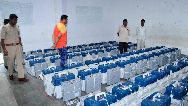 EVMs stored in a strong room at Chikmagalur in Karnataka. (PTI Photo) EVMs stored in a strong room at Chikmagalur in Karnataka. (PTI Photo)