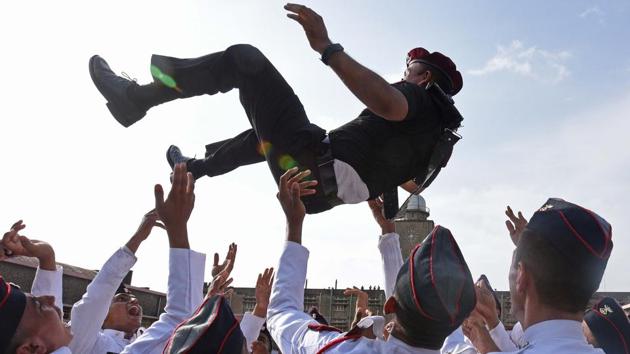 Cadets celebrate after passing out parade of 134th course of spring term 2018 at National Defence Academy (NDA) in Pune. (Pratham Gokhale/HT Photo)