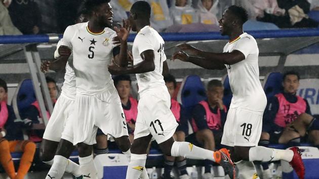 Ghana's Thomas Partey, centre left, celebrates with his teammates after scoring a goal, during a friendly football match between Japan and Ghana in Yokohama.(AP)