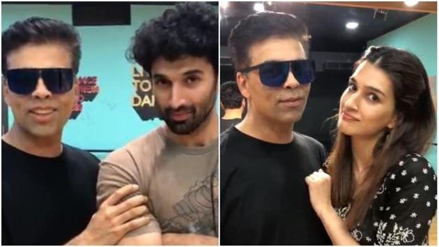 Karan Johar with Aditya Roy Kapur and Kriti Sanon as they prepare for Kalank. (Instagram) Karan Johar with Aditya Roy Kapur and Kriti Sanon as they prepare for Kalank. (Instagram)