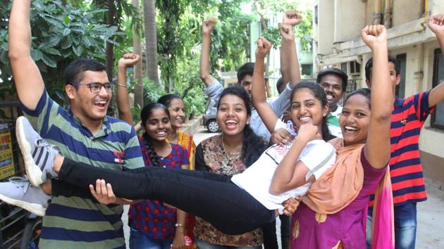 HSC students celebrate after HSC exam results were declared.(Praful Gangurde/HT)