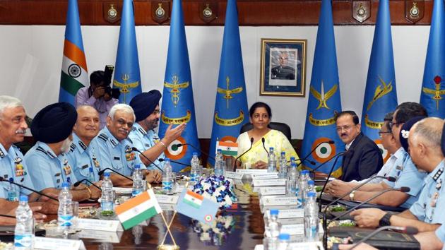 Defence Minister Nirmala Sitharaman (C) with Air Chief Marshal Birender Singh Dhanoa (5th from left), Minister of state for defence Dr. Subhash Ramrao Bhamre (R) and others during the Indian Air Force Commanders Conference at Air Headquarters, Vayu Bhawan in New Delhi. (Arvind Yadav / HT Photo) Defence Minister Nirmala Sitharaman (C) with Air Chief Marshal Birender Singh Dhanoa (5th from left), Minister of state for defence Dr. Subhash Ramrao Bhamre (R) and others during the Indian Air Force Commanders Conference at Air Headquarters, Vayu Bhawan in New Delhi. (Arvind Yadav / HT Photo)