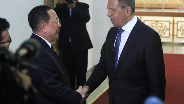 North Korean Foreign Minister Ri Yong Ho shakes hands with Russian Foreign Minister Sergei Lavrov in Pyongyang, North Korea(AP photo) North Korean Foreign Minister Ri Yong Ho shakes hands with Russian Foreign Minister Sergei Lavrov in Pyongyang, North Korea(AP photo)
