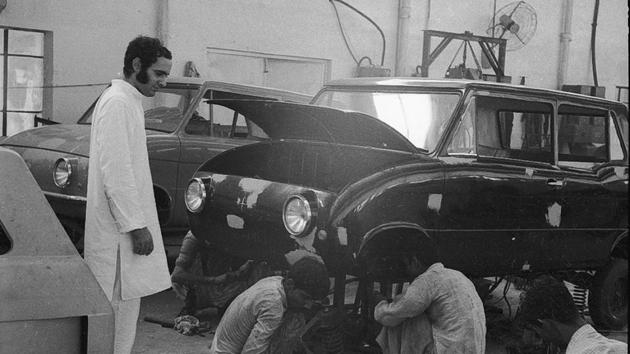 Sanjay Gandhi seen on the Maruti factory floor as assembly line workers operate machines in Gurugram on September 01, 1973. Gurugram as a city in its own right has charted its course as a hub of industry, commerce and hot residential spaces in a span of two decades. Its association with the former however, stretches far back into the 1970s with the establishment of the Maruti factory unit. (Babu Ram / HT Archive)