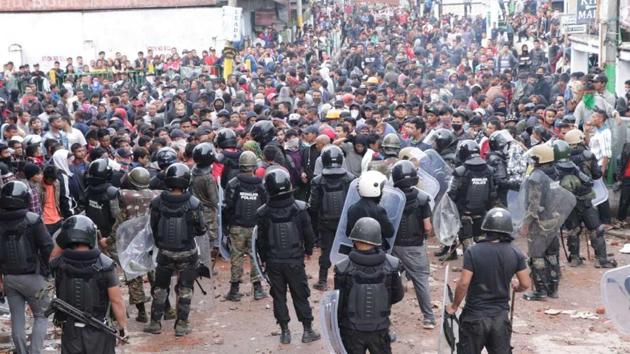 There were reports of stone pelting and lobbing of petrol bombs, and scores of rioters were arrested. (HT Photo) There were reports of stone pelting and lobbing of petrol bombs, and scores of rioters were arrested. (HT Photo)