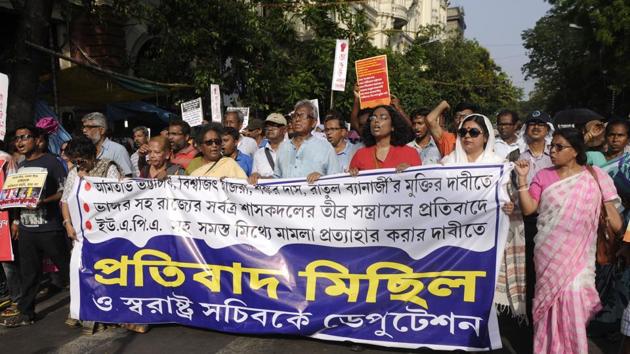 A group of activists take out a protest rally demanding withdrawal of UAPA Arms Act, release of four activists, and against alleged violence by ruling party Trinamool Congress on villagers of Anti-Power Grid movement of Bhangar at Esplanade in Kolkata. (HT FILE PHOTO) A group of activists take out a protest rally demanding withdrawal of UAPA Arms Act, release of four activists, and against alleged violence by ruling party Trinamool Congress on villagers of Anti-Power Grid movement of Bhangar at Esplanade in Kolkata. (HT FILE PHOTO)
