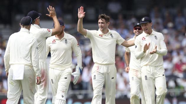 England's Chris Woakes, centre, celebrates taking the wicket of Pakistan's Hasan Ali during day one of the second cricket Test Match at Headingley in Leeds. (AP) England's Chris Woakes, centre, celebrates taking the wicket of Pakistan's Hasan Ali during day one of the second cricket Test Match at Headingley in Leeds. (AP)