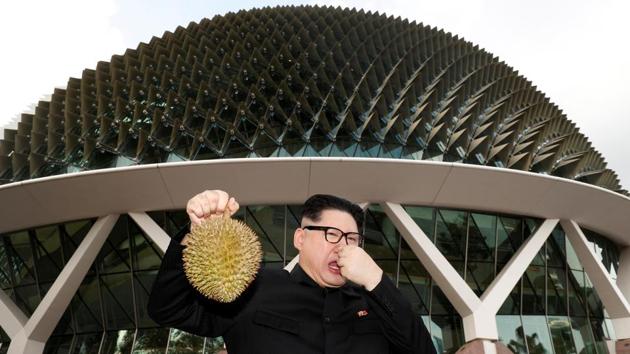 Howard, an Australian-Chinese impersonating North Korean leader Kim Jong Un poses with a durian at the Esplanade in Singapore on May 27, 2018. (Edgar Su / REUTERS) Howard, an Australian-Chinese impersonating North Korean leader Kim Jong Un poses with a durian at the Esplanade in Singapore on May 27, 2018. (Edgar Su / REUTERS)