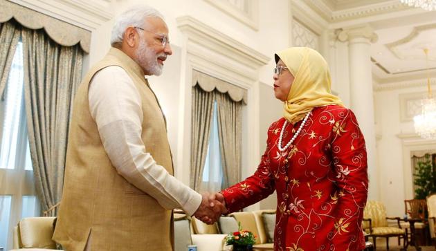 Prime Minister Narendra Modi meets with Singapore's President Halimah Yacob at the Istana in Singapore on June 1.(Reuters)