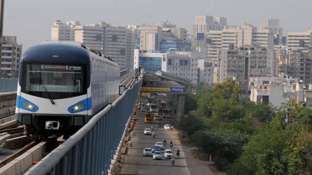 The Rapid Metro is a fully elevated transit system for Gurugram. It provides a solution for areas in and around Cyber City, DLF Phase 2, DLF Phase 3, NH-8 & Golf Course Road up to Sector 55-56 and provides safe and comfortable connectivity to Delhi in an eco-friendly manner. (Parveen Kumar / HT Photo) 