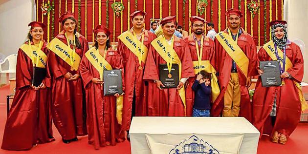 Gold medallists, awarded for their academic excellence, after the 113th convocation ceremony of Savitribai Phule Pune University, on Friday. (Sanket Wankhade/HT PHOTO) Gold medallists, awarded for their academic excellence, after the 113th convocation ceremony of Savitribai Phule Pune University, on Friday. (Sanket Wankhade/HT PHOTO)
