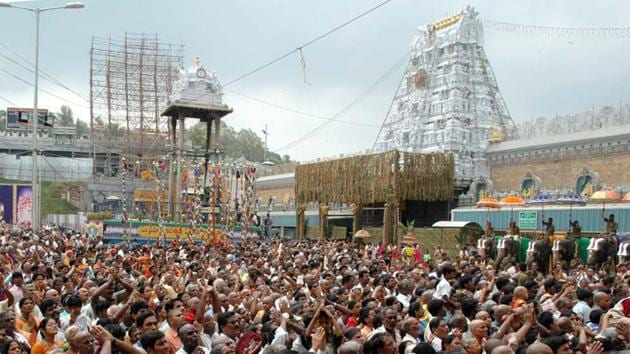 About 25 lakh pilgrims from across India and abroad thronged the Lord Balaji temple in May, and of them over 13 lakh, including women and infants, had their heads tonsured.(PTI/File Photo) About 25 lakh pilgrims from across India and abroad thronged the Lord Balaji temple in May, and of them over 13 lakh, including women and infants, had their heads tonsured.(PTI/File Photo)