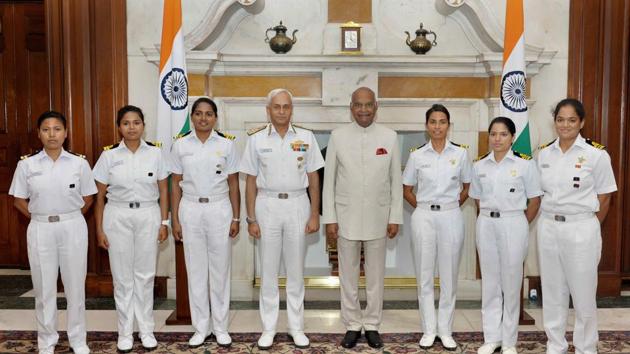 President Ram Nath Kovind interacts with the crew of Indian Navy Sailing Vessel Tarini, back after their voyage of circumnavigating the globe, at Rashtrapati Bhavan in New Delhi. (PTI) President Ram Nath Kovind interacts with the crew of Indian Navy Sailing Vessel Tarini, back after their voyage of circumnavigating the globe, at Rashtrapati Bhavan in New Delhi. (PTI)