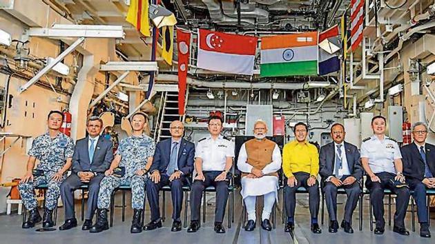 Prime Minister Narendra Modi during a visit to the Changi Naval Base, in Singapore on Saturday.(PTI Photo)