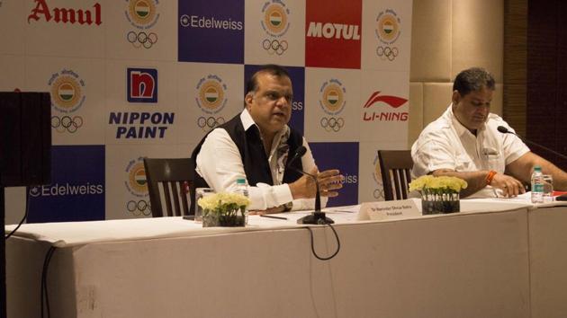 Narinder Batra (L), the President of the Indian Olympic Association, said they are planning to host the 2030 Asian and 2032 Olympic Games.(HT Photo)