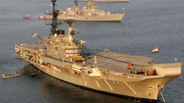 The Indian Navy's aircraft carrier Viraat (foreground) is anchored alongside other ships.(Reuters File Photo)