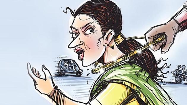 Police say the modus operandi is often the same in chain-snatching cases — bike-borne men target women who are travelling alone. They speed by on the two-wheeler, snatching the ornament in the process, before their victims realise may realise what is happening. (HT Illustration) Police say the modus operandi is often the same in chain-snatching cases — bike-borne men target women who are travelling alone. They speed by on the two-wheeler, snatching the ornament in the process, before their victims realise may realise what is happening. (HT Illustration)