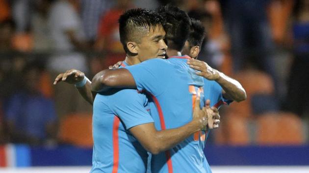 India's Sunil Chhetri celebrate after a goal against Chinese Taipei during the Intercontinental Cup football match in Mumbai, India, on June 1, 2018.(AP)