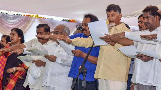 Andhra Pradesh Chief Minister N Chandrababu Naidu administers oath to the people during a ‘Nava Nirmana Deeksha’ programme, in Vijayawada on Saturday, Jun 02, 2018. (PTI Photo) Andhra Pradesh Chief Minister N Chandrababu Naidu administers oath to the people during a ‘Nava Nirmana Deeksha’ programme, in Vijayawada on Saturday, Jun 02, 2018. (PTI Photo)