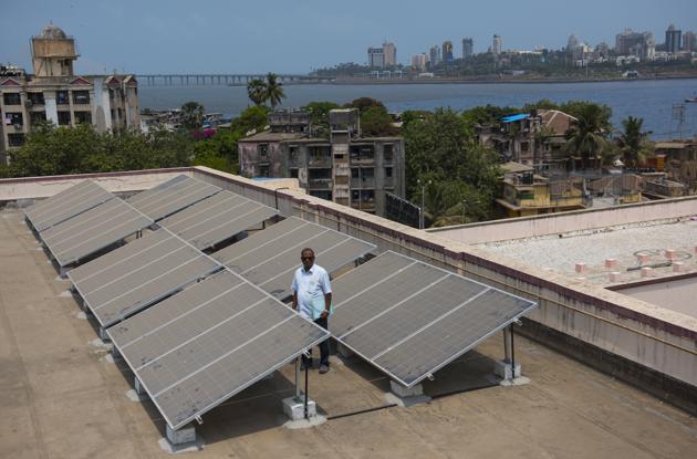 The solar panel grid on the roof of Mahim Church and Canossa High School, Mahim in Mumbai.(HT Photo)