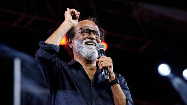 Rajnikanth speaks during the music launch of Kaala at the YMCA grounds in Chennai.(PTI)