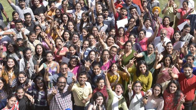 Students in Ludhiana celebrate after the CBSE Class 12 results were declared.(HT Photo)