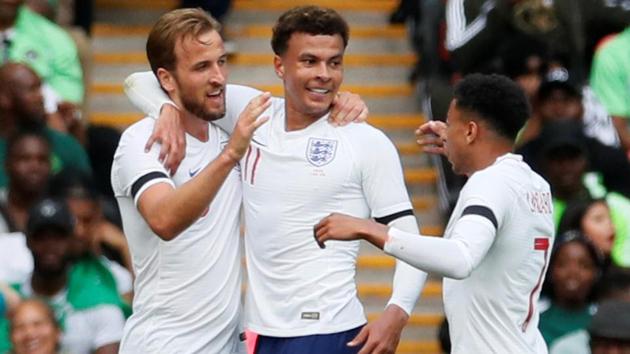 England's Harry Kane (L) celebrates scoring their second goal vs Nigeria with Dele Alli (C) and Jesse Lingard at Wembley Stadium, London, Britain on June 2, 2018.(REUTERS)
