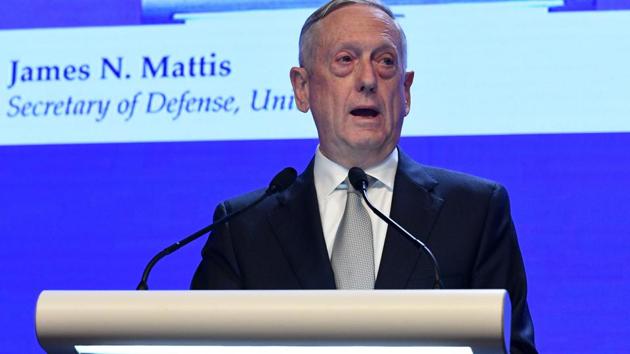 US Defence Secretary James Mattis delivers his speech during the first plenary session of the 17th Asian Security Summit of the IISS ShangriLa Dialogue in Singapore on June 2, 2018.(AFP)